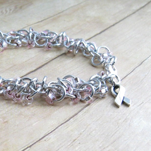 Aluminum Shaggy Loops Chain Mail Bracelet With Pink Beads, Awareness Ribbon, Metal Women's Chain Maille Jewelry