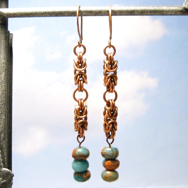 Copper Chain Mail Earrings, Dyed Serpentine Jasper Dangles, Oxidized Copper Jewelry, Byzantine Earrings