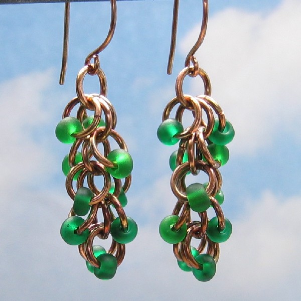 Copper Shaggy Loops Chain Mail Earrings With Green Beads, Copper Chain Maille Jewelry