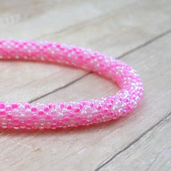 Pink Bangle Bracelet, Bead Crochet, Beadwork Bracelet, Women's Beaded Jewelry