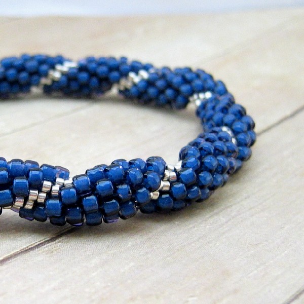 Blue And Silver Bead Crochet Bangle Bracelet, Beaded Bracelet, Crochet Jewelry