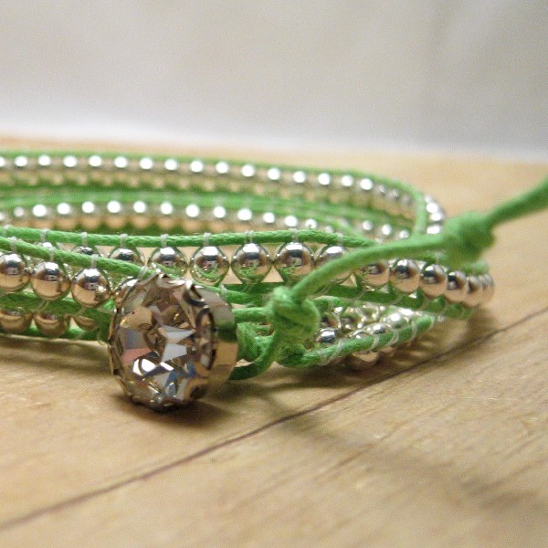 Lime Green And Silver Wrap Bracelet, Beaded Boho Bracelet, Bohemian Jewelry
