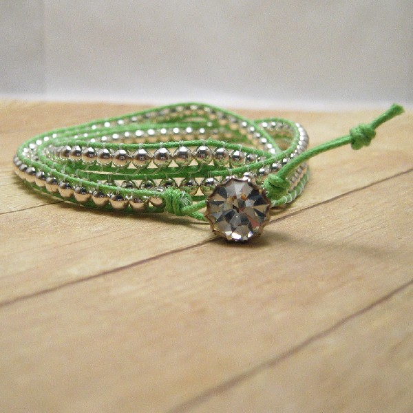 Lime Green And Silver Wrap Bracelet, Beaded Boho Bracelet, Bohemian ...