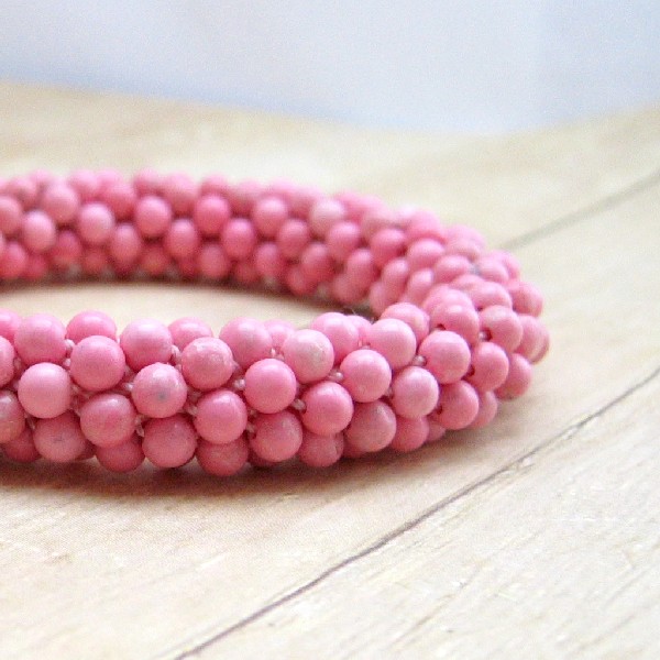 Pink Stone Bead Crochet Bracelet, Pink Bangle Bracelet, Crochet Jewelry, Rhodonite Jewellery