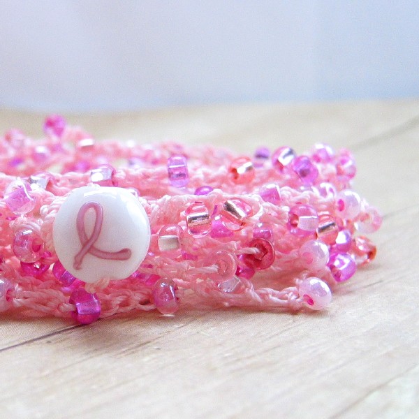 Breast Cancer Awareness Bracelet, Pink Boho Wrap Bracelet, Crochet Beaded Bracelet, Anklet, Necklace, Bohemian Jewlery