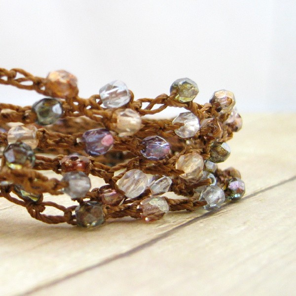 Boho Chic Crystal Wrap Bracelet, Crochet Wrap Bracelet, Bohemian Jewelry