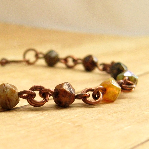 Copper Beaded Bracelet, Earth Tone Czech Glass Beaded Bracelet, Rustic